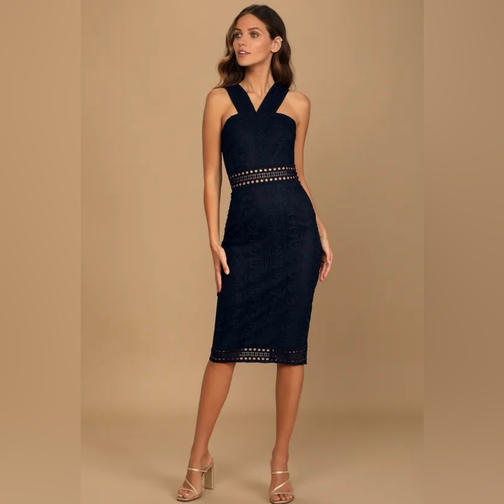 NWT Lulus Cocktail Ready Navy Blue Crochet Lace Midi Dress